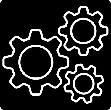 White outline icon of three interlocking gears symbolizing mechanical settings and process automation.