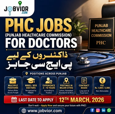 PHC doctor jobs banner with Urdu-English heading, deadline, eligibility, Jobvior logo, and icons.