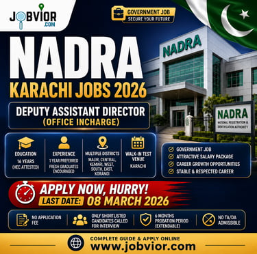 NADRA Karachi Jobs 2026 – Deputy Assistant Director (Office Incharge) government recruitment poster 