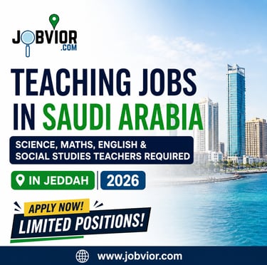 "Social media poster for Teaching Jobs in Saudi Arabia 2026 in Jeddah featuring Science, Maths, Engl