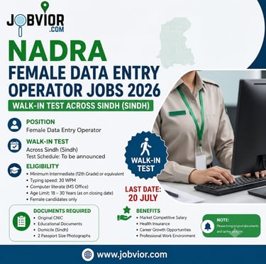 "NADRA walk-in test notice for Female Junior Executive Data Entry Operator jobs 2026 across Sindh 