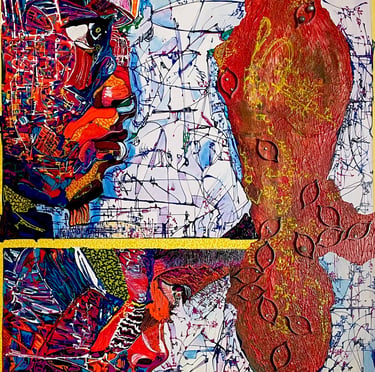 Abstract mixed media painting featuring vibrant red textures and intricate colorful patterns.