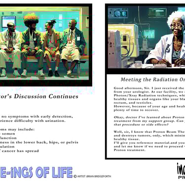 Meme of  Black doctors and a radiation oncologist discussing prostate cancer symptoms and treatment.