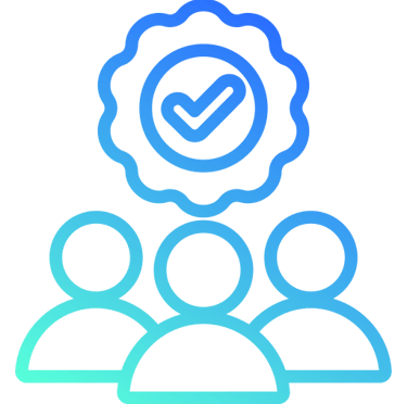 Team of people with quality badge icon representing customer success and verified service excellence