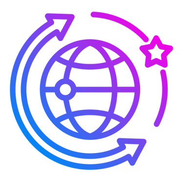 Globe with circular arrows and star icon representing global business expansion and international growth