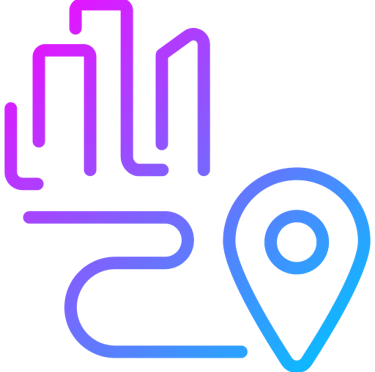City skyline with location pin and path route icon representing urban navigation and destination planning