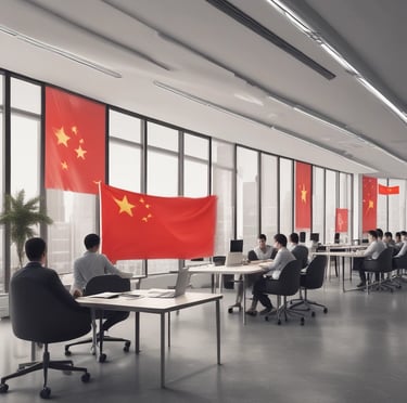 A vibrant office scene showing a team collaborating on website designs for Chinese industrial clients.