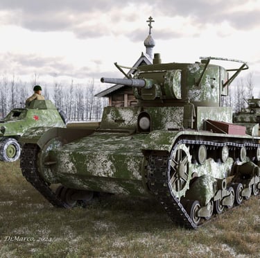 "Soviet Red Army T-26 tanks and a BA-64 armored car of the 3rd Guards Army, Winter Spring 1943.