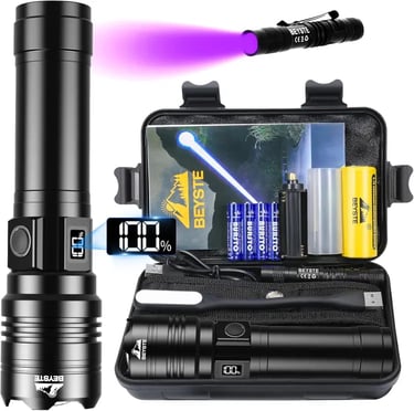 BEYSTE Linterna LED Alta Potencia 500,000 Lúmenes color negro con estuche incluido y accesorios