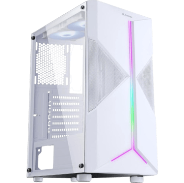 a white computer case with a rainbow colored light
