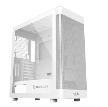 a white computer case with a white and black computer case