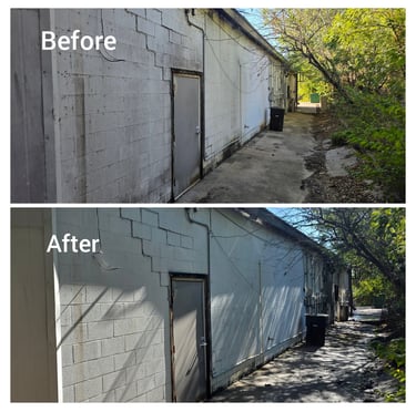 Back of office building free of mold, dirt and webs.