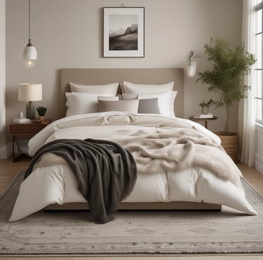 Modern bedroom with soft neutrals, greenery, and minimal decor.