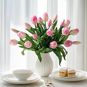 Modern kitchen seasonal decor — realistic faux tulips in gift box, fresh floral touch.