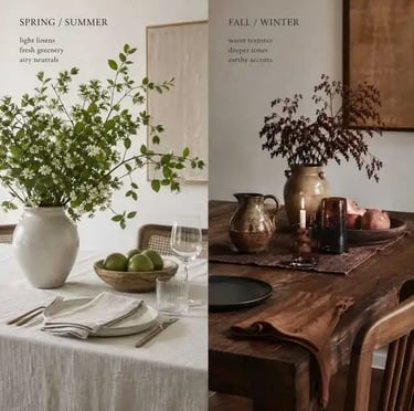 Seasonal Dining Table Styling Ideas | Light Airy Spring Summer vs Warm Cozy Fall Winter Tablescape A