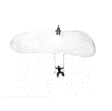 Lustre L'homme sous la pluie suspendu au nuage sculpture de Wilfrid Bricourt