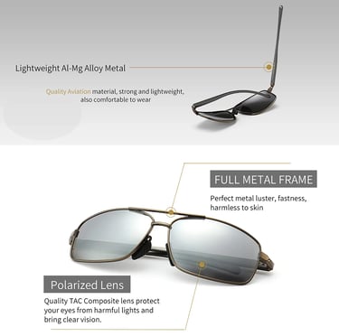 Lightweight rectangular polarized sunglasses with UV400 protection designed for outdoor use and glar