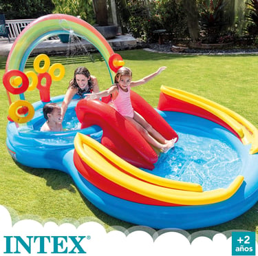 Intex 57453EP 9.75 Foot x 6.3 Foot x 53 Inch Multicolor Rainbow Slide Kids Inflatable Pool 