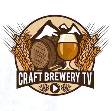Craft beer logo with barrel, beer glass, wheat and play button in a circle.