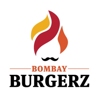 Burger logo with colorful flames, black mustache and “Bombay Burgerz” text.