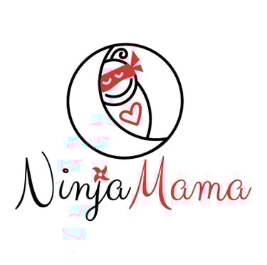 Child in ninja mask with a small heart on the chest in a simple circular logo.