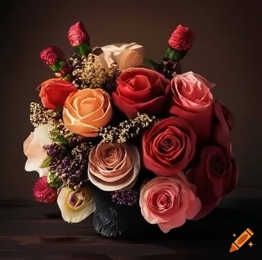 a bouquet of roses in a vase on a table