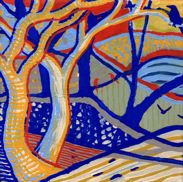 a painting of a tree with a bird on it