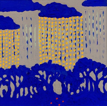 a painting of rain falling from clouds to trees below with four seeds
