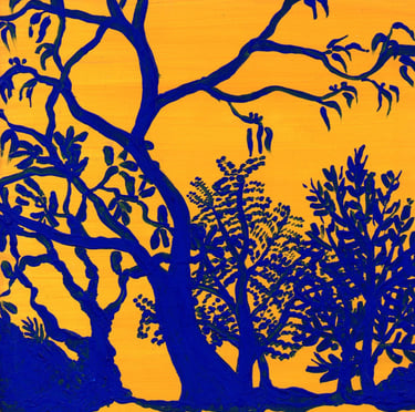 a painting of trees in the sunrise