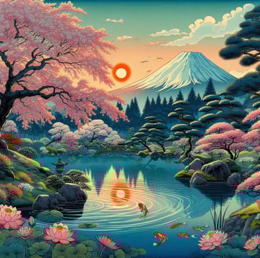 a painting of a Japanese garden in Ukiyo-e style