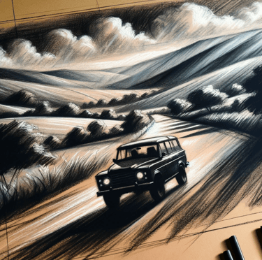 a drawing of a car driving down a road in charcoal style
