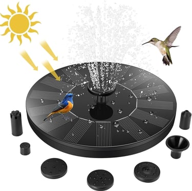 Solar powered bird bath fountain pump kit with multiple nozzle heads.