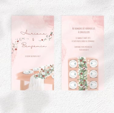 Deux faire parts rose avec dessins en aquarelle