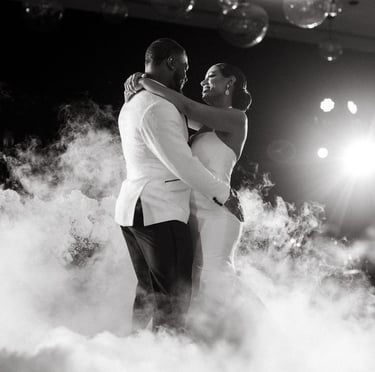 Bride and groom posing for romantic wedding portrait