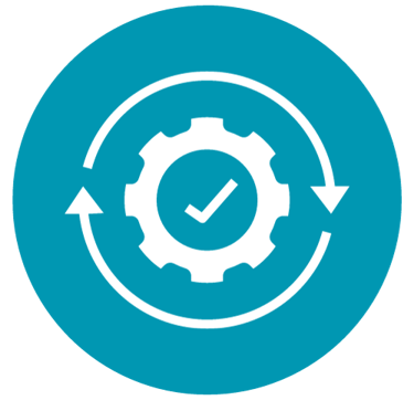 une icône arrondie avec un engrenage et une flèche symbolisant l'éxécution