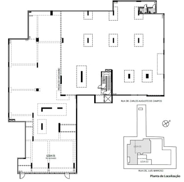 Detailed architectural floor plan of a commercial store space including location map and mezzanine projection.