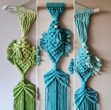 Fish macrame made with colored cotton yarns, green, blue, turquoise