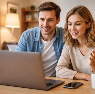 A smiling young couple sitting together and looking at a laptop computer while planning at home.