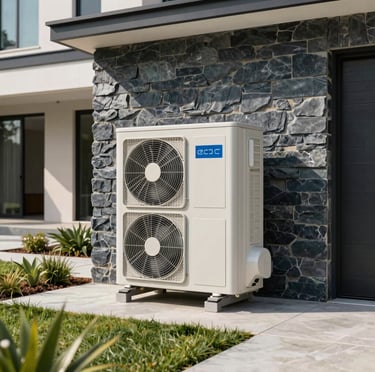 A sleek, modern residential exterior in North American and Australian architecture style. A clean, premium outdoor air conditioning compressor unit is neatly installed against a deep slate stone wall. Beautiful daylight, clean landscape design, highlighting professional quality and home comfort. Bright architectural photography.