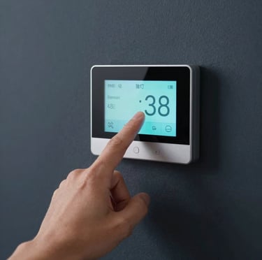 A close-up of a hand adjusting a modern, sleek digital smart thermostat on a clean deep slate wall. The display glow casts a soft teal and pale ice blue light, representing ultimate precision and reliable home temperature control. Sharp focus, clean modern interior, professional photography.