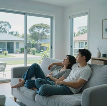 A couple relaxing on a cozy sofa in a beautifully cooled, bright living room, enjoying pure, refreshing air. Large clean windows show a sunny afternoon in a Global / North American and Australian suburb. The atmosphere is highly trustworthy and comfortable, rendered in soft slate blue and pale ice blue tones. Real-world professional lifestyle photography.
