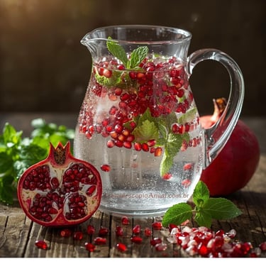 Água saborizada romã hortelã: infusão purificação renascimento fertilidade Perséfone hidratação