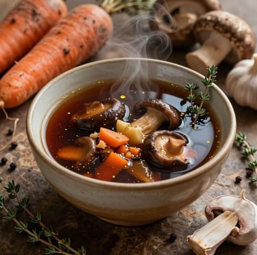 Caldo de cogumelos e raízes em bowl cerâmico bege terroso, vapor dourado e ingredientes terrosos — fotografia gastronômica.