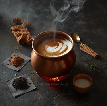 Masala Chai em panela de cobre sobre chama com especiarias e quatro elementos alquímicos — Grande Obra, Conjunctio, elixir