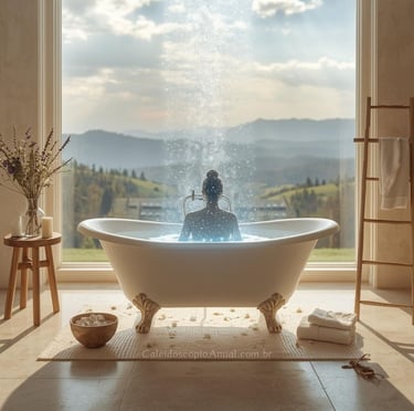 Banho purificação energética: banheira com sal ervas florais vela vista montanhas luz natural cura.