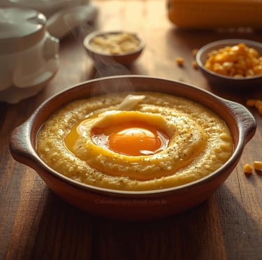Polenta cremosa gema mole: prato milho ovo sol conforto nutrição alegria sustento abundância ouro