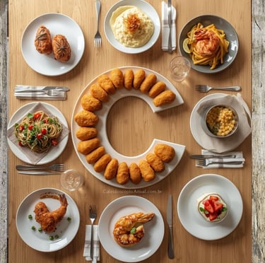 Letra C culinária: coxinha canjica carbonara croissant caprese cocada camarão cuscuz mesa clara elegante receitas