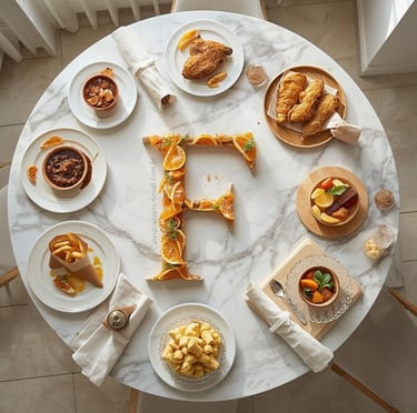 Pratos Letra F culinária: feijoada frango frito farofa fritas focaccia flan frutas frescas mesa clara elegante receitas