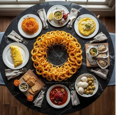 Prartos Letra O culinária: onion rings omelete ostras ossobuco ovos moles laranjas olivas aveia mesa clara elegante receitas