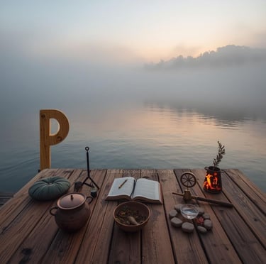 Ritos P: presença plena purificação poesia sagrada pedras intenção prece percepção pier lago névoa amanhecer ritual simbólico